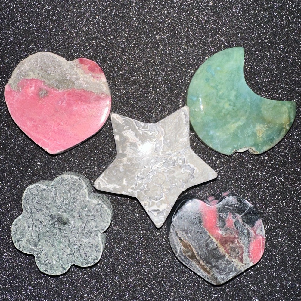 5 Shaped stones! Includes Jade, Jasper, Rhodonite & more!